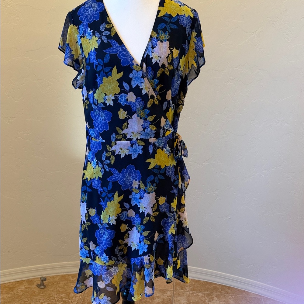 Banana Republic Navy Floral Wrap Mini Dress with Yellow & Blue Blooms